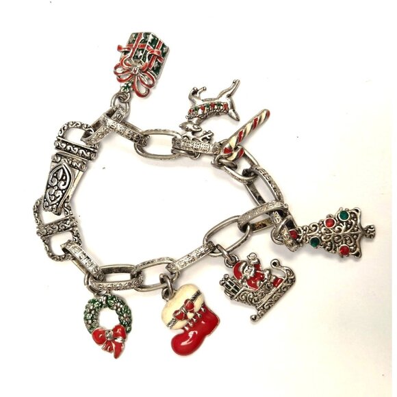 Vintage Christmas Charm Bracelet Silver Tone With Holiday Charms Including Stock - Picture 1 of 2